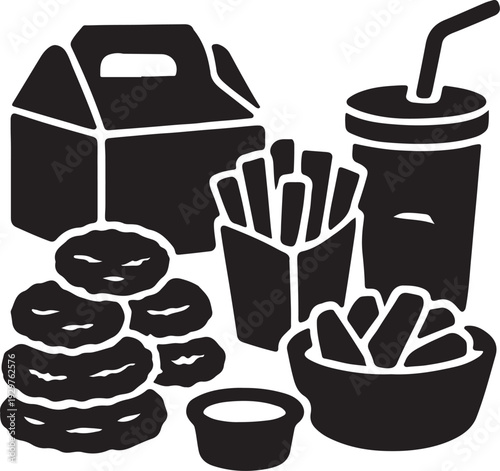 Black fast food including fries, donuts, soda and takeout containers on white