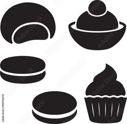 Black and white of desserts and pastries on white background eclair cream puff cupcake