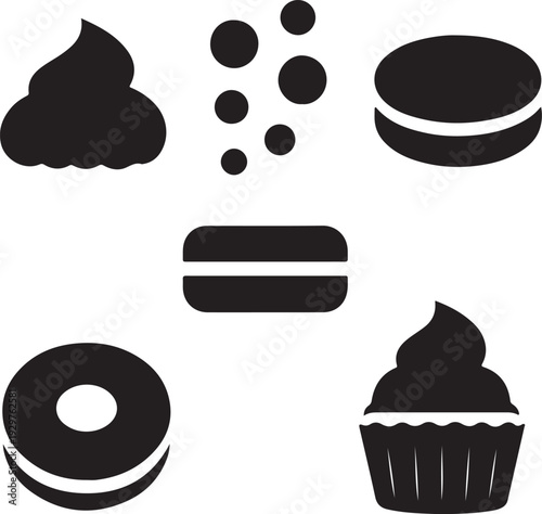 Black and white of desserts on white background cream puff macaroon cupcake donut