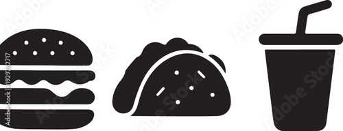 Black silhouettes of a hamburger, taco, and cup with straw and lid on a white background