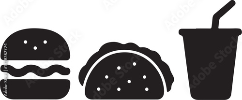Black silhouettes of a hamburger, taco, and soda on a white background fast food