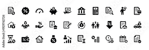 Icons representing financial concepts, including loans, savings, and investments