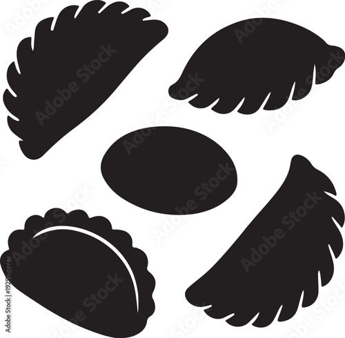 Black silhouettes of empanada and pastry shapes white background