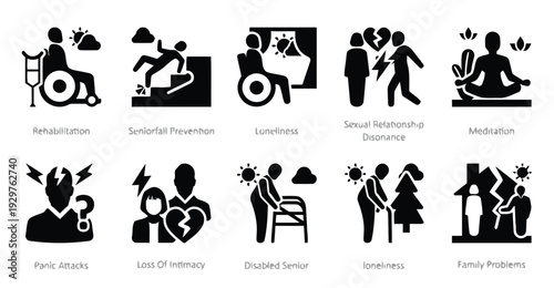 Icons representing senior care and mental well-being issues