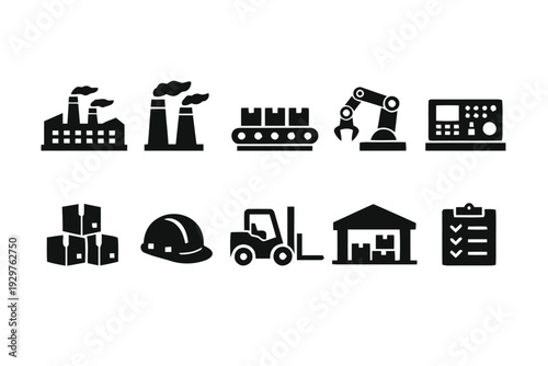 Industrial and manufacturing icons representing factory production and logistics