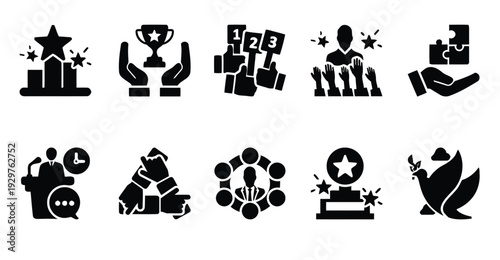Icons representing success, leadership, and teamwork in business and achievement