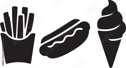 Black silhouettes of french fries hot dog and ice cream cone on white background
