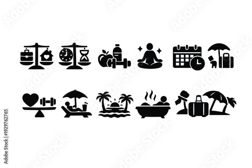 Icons representing lifestyle balance work health and relaxation