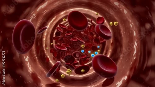 Realistic animation human blood flowing inside veins arteries red blood cells, white blood cells, platelets motion. Glowing particles nutrients immune cells flowing alongside. Blood vessels dynamic 4k