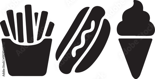 Black silhouettes of french fries hot dog and ice cream on white background