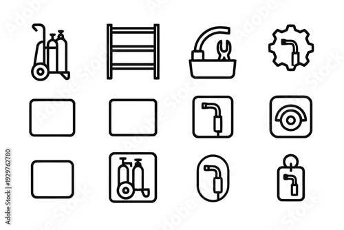 Industrial welding equipment and gas cylinder icons set in linear style