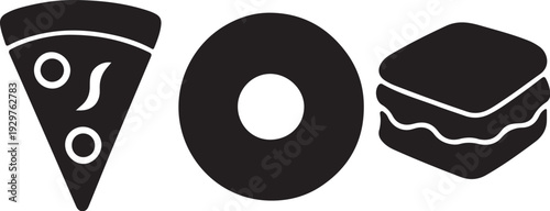 Black silhouettes of pizza donut and sandwich on white background