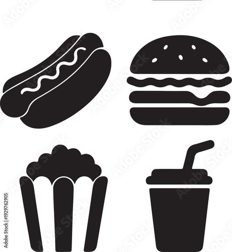 Four black food hot dog hamburger popcorn soda