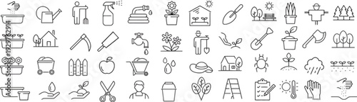 Large set of gardening and horticulture line icons featuring landscape maintenance tools greenhouse equipment and plant care symbols