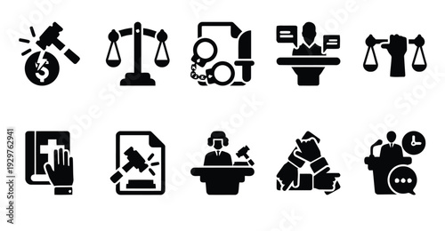 Law icons set, gavel breaking coin, scales justice, handcuffs, judge at podium, hand holding scales