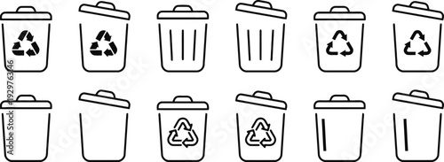 Outline icons of recycle bins in different styles with open and closed lids