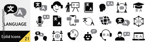 Monochromatic language solid icons collection featuring translation, learning, and communication tools in flat style
