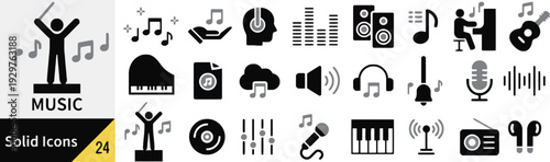 Monochrome music and audio icons collection for minimalist user interface and web design
