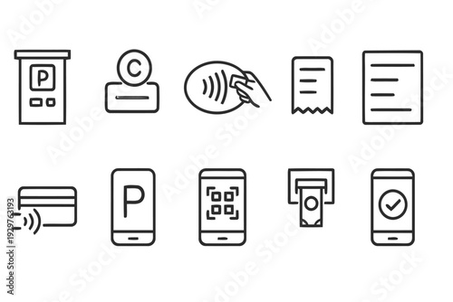 Payment and technology icons for mobile transactions, parking, and financial services, digital commerce