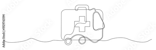 Continuous minimalist single line drawing of a medical first aid kit with a cross and stethoscope symbol. Ideal for medical services, health insurance, emergency care, etc.