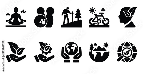 Nature and environment conservation icons, symbolizing ecological themes