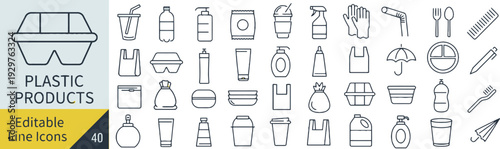 Plastic product icons representing packaging, containers, and disposable items