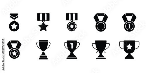 Set of black icons representing achievement and victory, including medals and trophies