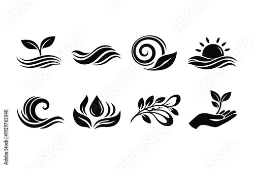 Nature and environment icons showing growth water waves plants and sustainability symbols