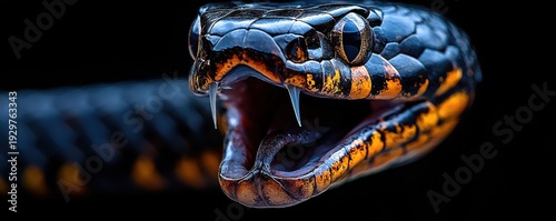 Close-up of black snake with open mouth and visible fangs