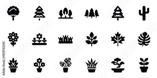 Nature solid icons set with various trees, plants, flowers, and greenery elements for outdoor and garden themes