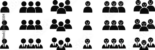 Set of black people icons including individual user silhouettes and group of three team members in various styles