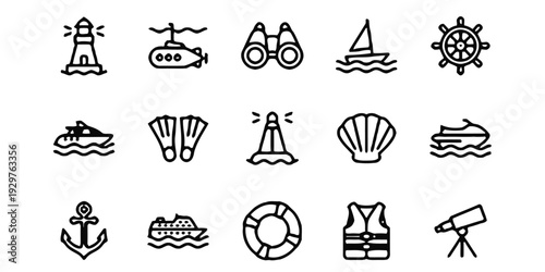 Nautical and maritime symbols for sea travel and navigation