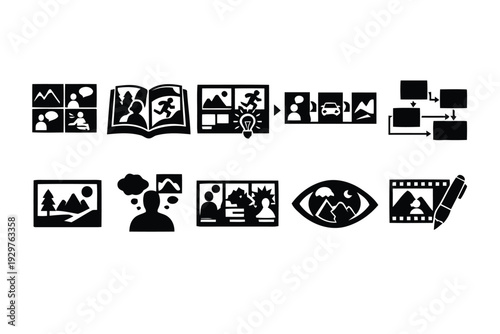 Set of black icons representing storytelling creativity and visual communication