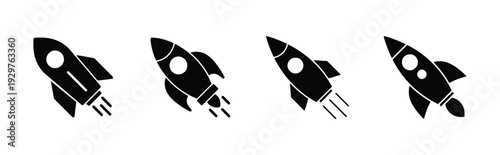 Set of black rocket icons isolated on white background, symbolizing space exploration and new beginnings