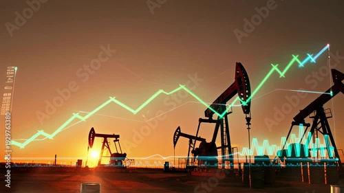 beautiful sunset scene oil pumps working glowing orange sky. pumps lift, digital finance charts overlay scene rising prices oil increasing profits oil barrels rise sync upward price movements. glowing