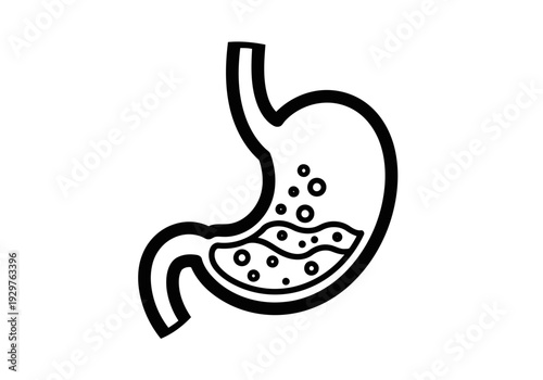 A perfect thick outlined stomach icon outline with digestive process illustration and bubbles