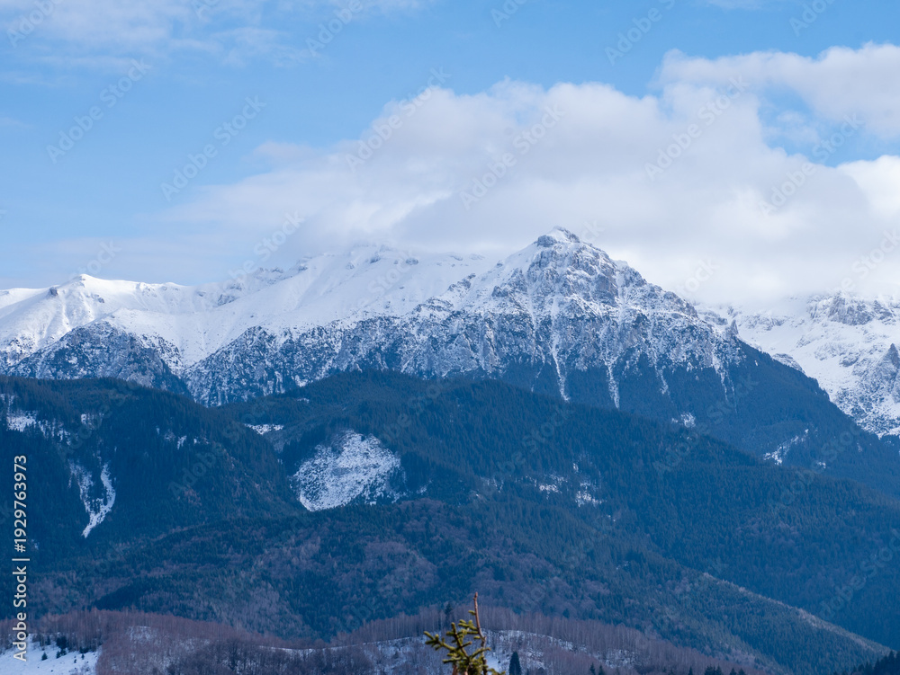 Fototapeta premium Mountain winter landscape with snow peak and forest