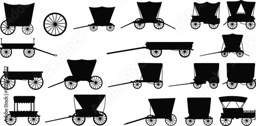 Vintage horse drawn wagon silhouettes collection, western pioneer carriage carts and old wooden transport vehicles vector illustration isolated set