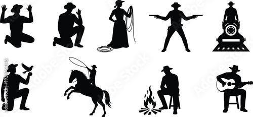 Wild West cowboy silhouettes collection, western sheriff outlaw rider guitarist campfire lasso revolver train vintage vector illustration set