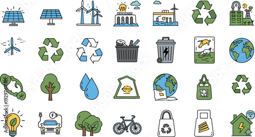 Renewable Energy and Environmental Sustainability Icon Set with Solar Wind Recycling Eco Flat Vector Illustration Collection
