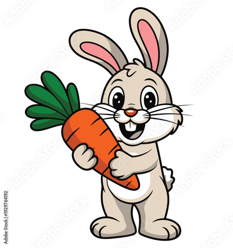 Adorable smiling rabbit, holding a big carrot, cute cartoon bunny illustration isolated on white background for kids branding, nursery prints, stickers, and greeting cards.