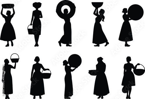 Traditional women carrying baskets silhouettes set, cultural village lifestyle female figures vector collection isolated on white background for design use