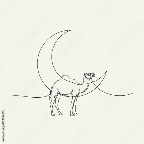 Modern continuous contour line illustration featuring a majestic camel gracefully positioned with a celestial crescent moon, symbolizing desert mystique and serene nocturnal beauty