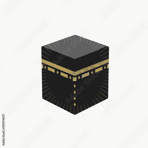 Stylized black cubic monument with golden adornments, representing a profound spiritual destination and a revered symbol of devotion for a global community, featuring radiant light effects