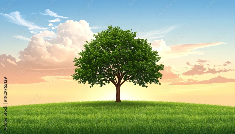 Fototapeta premium A verdant tree stands solitary on a grassy hill beneath a vibrant, sunlit sky