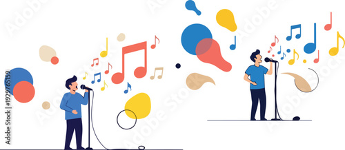 Man Singing into Microphone with Colorful Music Notes Vector Illustration