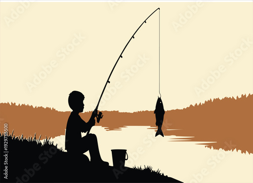 A silhouette of an angler casting a fishing rod from a boat on the calm water of a lake at sunset during a relaxing summer leisure trip