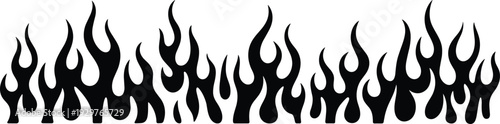 Black flame silhouette border design with stylized fire tongues and tribal sparks isolated on white background for graphic design, automotive decals, and hot rod vinyl stickers.