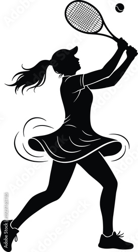 Black silhouette of a female tennis player with a ponytail hitting a backhand stroke isolated on white background for sports competition concepts.