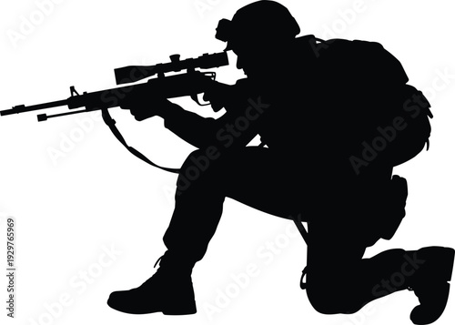 Black silhouette of a military sniper kneeling with a scoped rifle and tactical gear isolated on white background for defense and security concepts.
